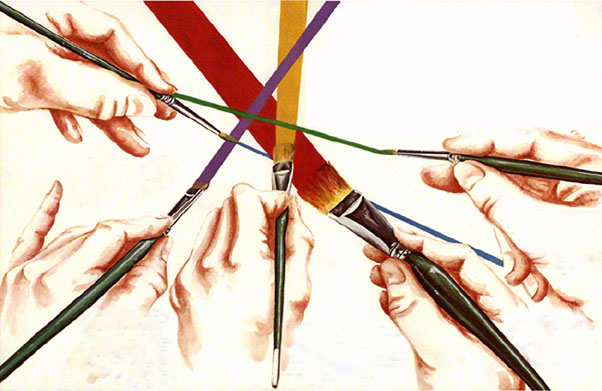 Study of hands and paint brushes ~ Illustration by Patrice for New Chalice Brushes