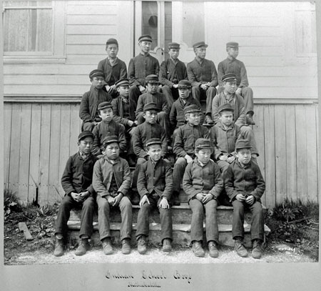Metlakatla Indian Residential School Students Indigenous students attending the Metlakatla Indian Residential School. (Credit: William James Topley / Library and Archives Canada / C-015037)